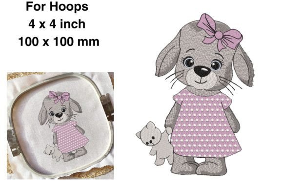 Baby Bunny Girl with Toy Cat Embroidery